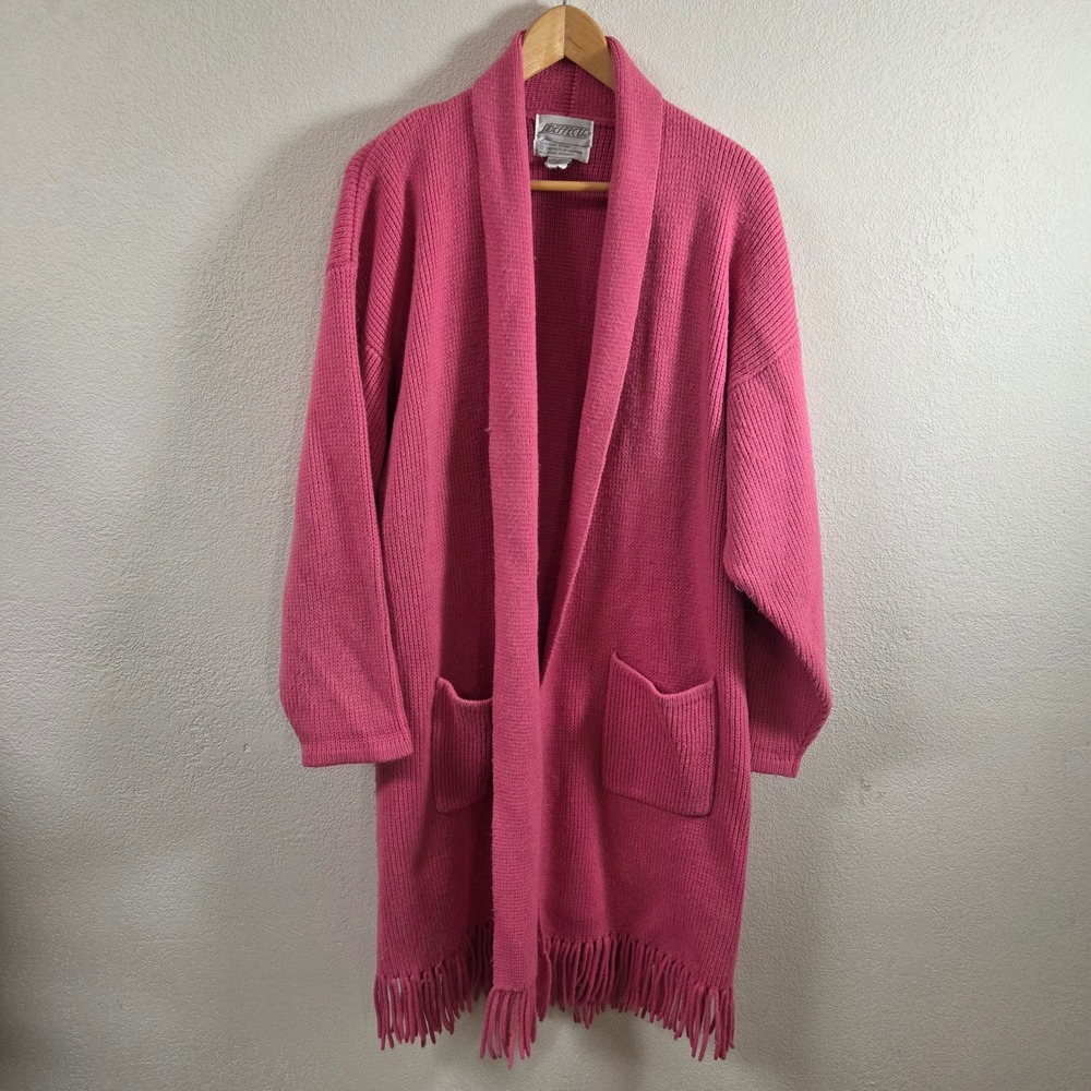 Vintage Side Effects Pink Longline Fringe Cardigan Sweater Heavy Knit Large